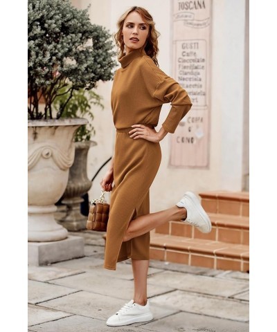 Women's 2024 Winter 2 Piece Tracksuit Long Sleeve Turtleneck Ribbed Top And Midi Skirt Dress Sets Brown $25.48 Others