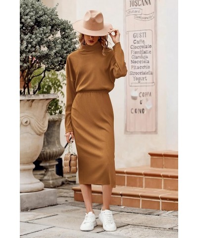 Women's 2024 Winter 2 Piece Tracksuit Long Sleeve Turtleneck Ribbed Top And Midi Skirt Dress Sets Brown $25.48 Others