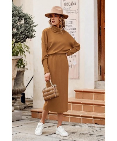 Women's 2024 Winter 2 Piece Tracksuit Long Sleeve Turtleneck Ribbed Top And Midi Skirt Dress Sets Brown $25.48 Others