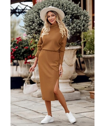 Women's 2024 Winter 2 Piece Tracksuit Long Sleeve Turtleneck Ribbed Top And Midi Skirt Dress Sets Brown $25.48 Others