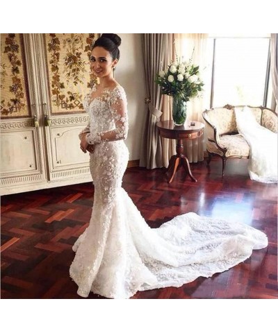 Sequins Long Sleeves Lace Bridal Ball Gowns with Detachable Train Mermaid Wedding Dresses for Bride Ivory $60.06 Dresses