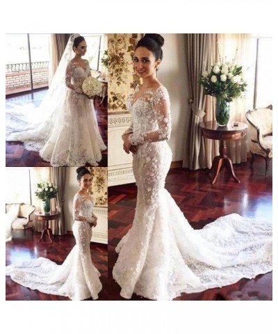 Sequins Long Sleeves Lace Bridal Ball Gowns with Detachable Train Mermaid Wedding Dresses for Bride Ivory $60.06 Dresses