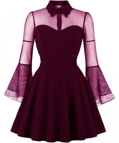 Women's Keyhole Mesh Bell Long Sleeves Gothic Cocktail Vintage Dress Purple Red $15.50 Dresses