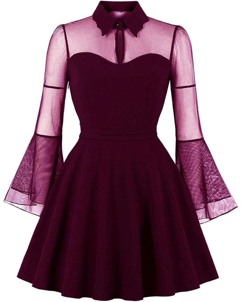 Women's Keyhole Mesh Bell Long Sleeves Gothic Cocktail Vintage Dress Purple Red $15.50 Dresses