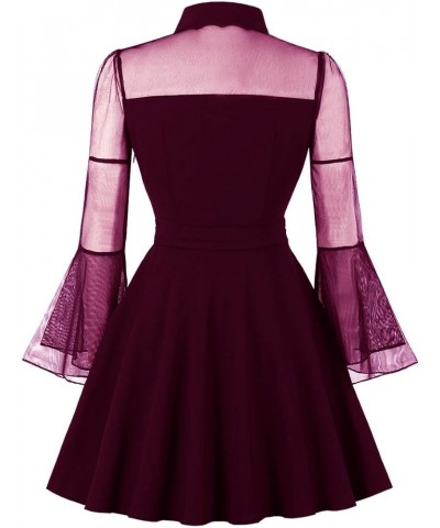 Women's Keyhole Mesh Bell Long Sleeves Gothic Cocktail Vintage Dress Purple Red $15.50 Dresses