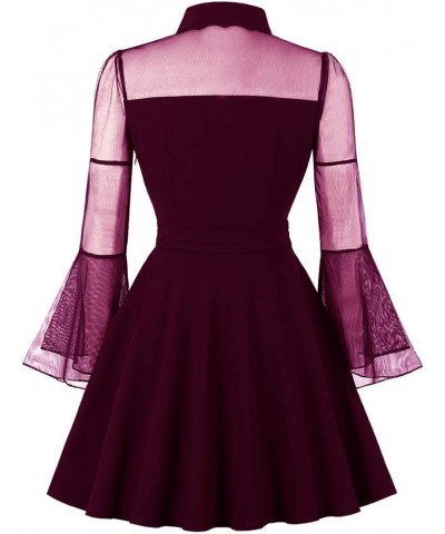 Women's Keyhole Mesh Bell Long Sleeves Gothic Cocktail Vintage Dress Purple Red $15.50 Dresses