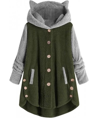 2023 Teddy Jackets Fall Fashion Womens Teddy Coats Fleece Button Down Hooded Tops Warm Winter Outerwear with Pockets 04-green...