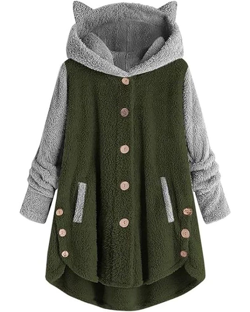 2023 Teddy Jackets Fall Fashion Womens Teddy Coats Fleece Button Down Hooded Tops Warm Winter Outerwear with Pockets 04-green...