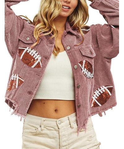 Women's Cropped Patched Jacket Football Sequin Corduroy Shacket Long Sleeve Raw Hem Coat Outerwear Pink $10.00 Jackets