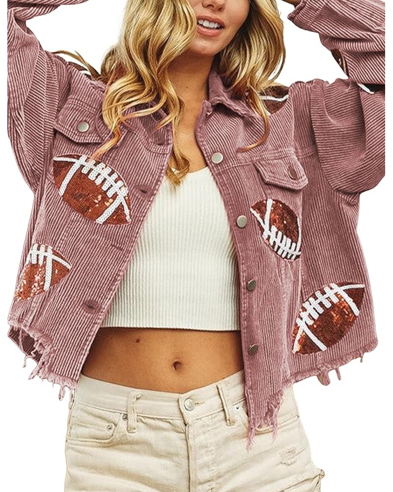 Women's Cropped Patched Jacket Football Sequin Corduroy Shacket Long Sleeve Raw Hem Coat Outerwear Pink $10.00 Jackets