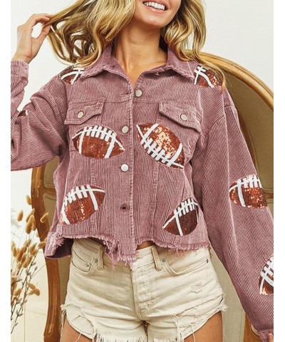 Women's Cropped Patched Jacket Football Sequin Corduroy Shacket Long Sleeve Raw Hem Coat Outerwear Pink $10.00 Jackets