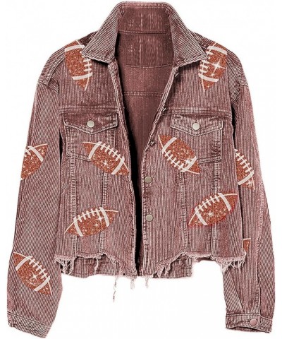 Women's Cropped Patched Jacket Football Sequin Corduroy Shacket Long Sleeve Raw Hem Coat Outerwear Pink $10.00 Jackets