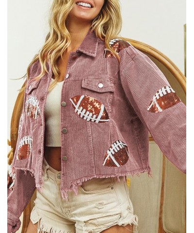 Women's Cropped Patched Jacket Football Sequin Corduroy Shacket Long Sleeve Raw Hem Coat Outerwear Pink $10.00 Jackets