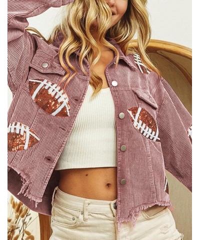 Women's Cropped Patched Jacket Football Sequin Corduroy Shacket Long Sleeve Raw Hem Coat Outerwear Pink $10.00 Jackets