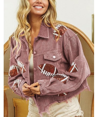 Women's Cropped Patched Jacket Football Sequin Corduroy Shacket Long Sleeve Raw Hem Coat Outerwear Pink $10.00 Jackets