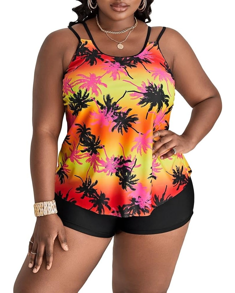 Women's 2 Piece Set Plus Size Tropical Print Tops with Shorts Bikini Swimsuit Red and Black $12.00 Swimsuits