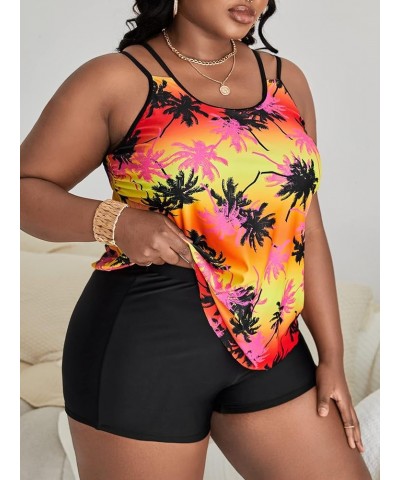 Women's 2 Piece Set Plus Size Tropical Print Tops with Shorts Bikini Swimsuit Red and Black $12.00 Swimsuits