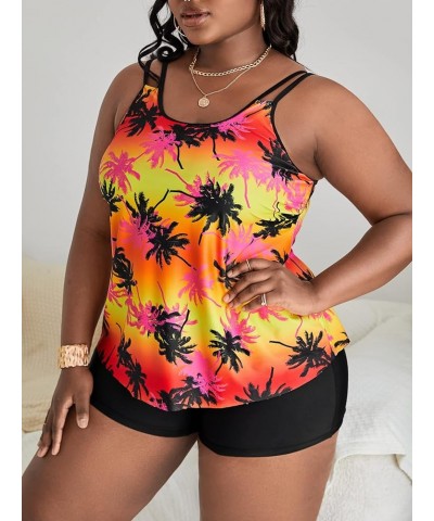 Women's 2 Piece Set Plus Size Tropical Print Tops with Shorts Bikini Swimsuit Red and Black $12.00 Swimsuits