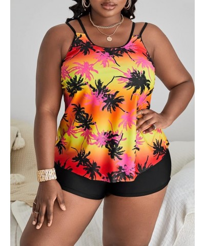 Women's 2 Piece Set Plus Size Tropical Print Tops with Shorts Bikini Swimsuit Red and Black $12.00 Swimsuits