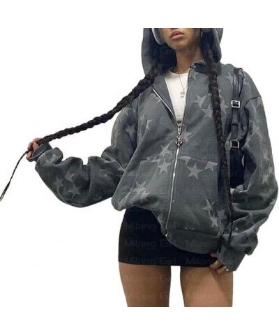 Vintage Y2K Clothes Emo Zip Up Hoodie Long Sleeve Oversized Hooded Sweatshirt Harajuku Aesthetic Streetwear Jacket Slate Grey...