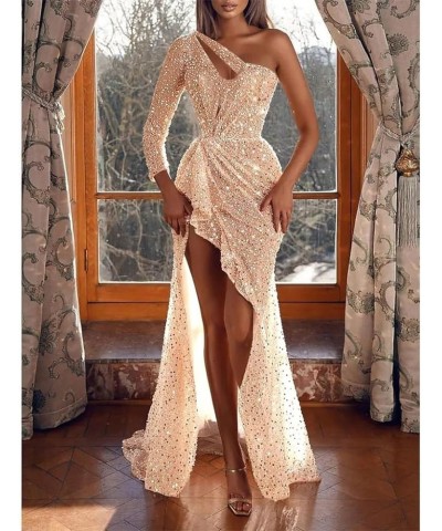 Women's Long Sleeve Sequin Prom Dresses One Shoulder Ball Gown High Slit Mermaid Wedding Guest Formal Evening Dress Brown $30...