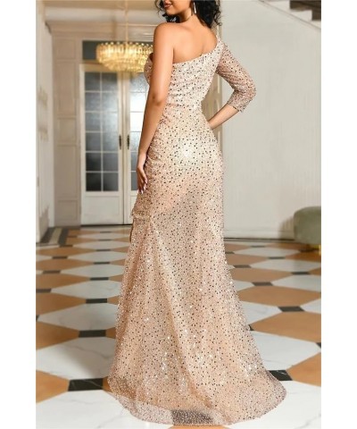 Women's Long Sleeve Sequin Prom Dresses One Shoulder Ball Gown High Slit Mermaid Wedding Guest Formal Evening Dress Brown $30...