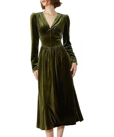 Women's Puff Sleeve Satin Maxi Dress Long Lantern Sleeve Button Down Ruffle Single Breasted Vintage Midi Dresses Velvetgreen ...