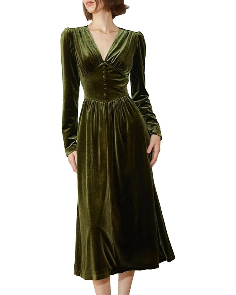 Women's Puff Sleeve Satin Maxi Dress Long Lantern Sleeve Button Down Ruffle Single Breasted Vintage Midi Dresses Velvetgreen ...