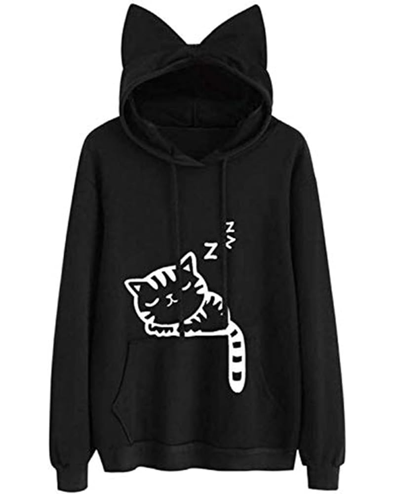 Cat Hoodies Sweatshirt for Womens Cute Cat Ear Crewneck Long Sleeve Tunic Floral Print Lightweight Tops with Pocket A2-01 Bla...