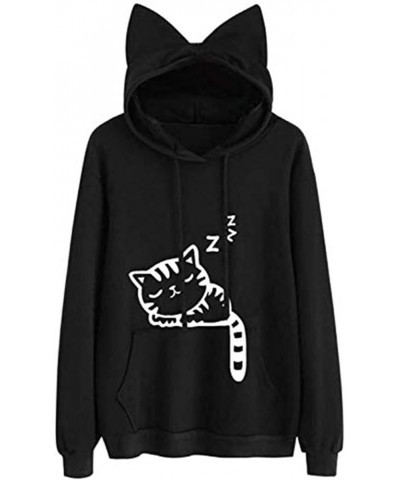 Cat Hoodies Sweatshirt for Womens Cute Cat Ear Crewneck Long Sleeve Tunic Floral Print Lightweight Tops with Pocket A2-01 Bla...