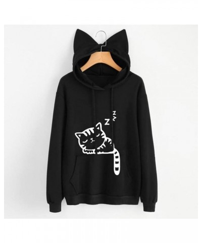 Cat Hoodies Sweatshirt for Womens Cute Cat Ear Crewneck Long Sleeve Tunic Floral Print Lightweight Tops with Pocket A2-01 Bla...