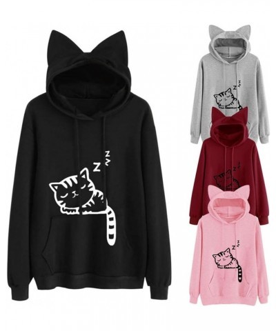 Cat Hoodies Sweatshirt for Womens Cute Cat Ear Crewneck Long Sleeve Tunic Floral Print Lightweight Tops with Pocket A2-01 Bla...