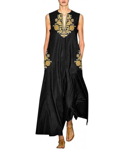 Women Plus Size Dress Color Block Vintage Daily Casual Sleeveless Bohemian Autumn Long Maxi Dress S-5XL Solid_black $11.33 Dr...
