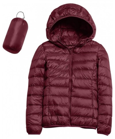 Womens Casual Lightweight Hooded Down Jacket Packable solid color Puffer Coats Jacket with Storage Bag Wine $16.49 Jackets