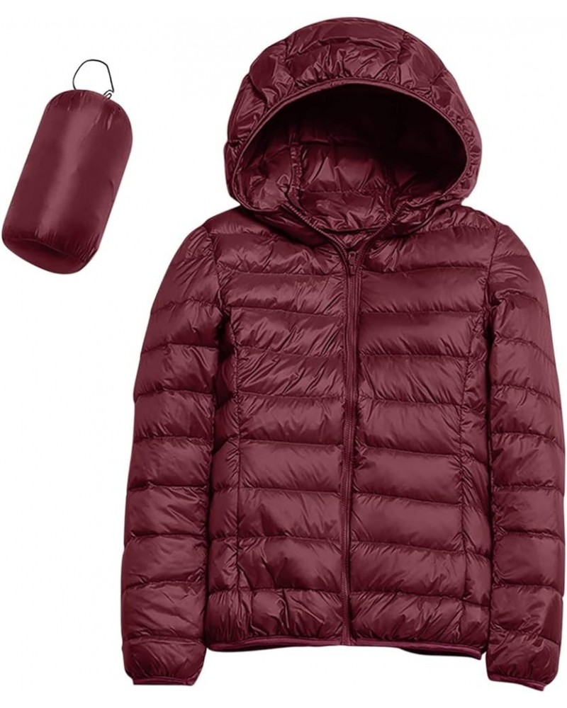 Womens Casual Lightweight Hooded Down Jacket Packable solid color Puffer Coats Jacket with Storage Bag Wine $16.49 Jackets