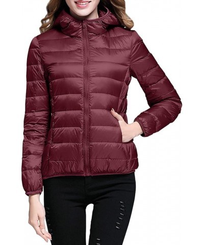 Womens Casual Lightweight Hooded Down Jacket Packable solid color Puffer Coats Jacket with Storage Bag Wine $16.49 Jackets