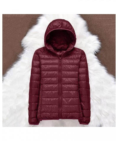 Womens Casual Lightweight Hooded Down Jacket Packable solid color Puffer Coats Jacket with Storage Bag Wine $16.49 Jackets