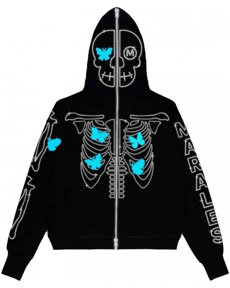 Skeleton Hoodie Jacket Women Rhinestone Long Sleeve Zip Up Hoodie Sweatshirts Harajuku Causal Halloween Cardigan G-black 2 $1...