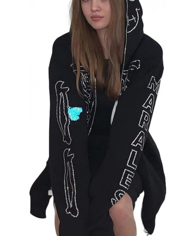 Skeleton Hoodie Jacket Women Rhinestone Long Sleeve Zip Up Hoodie Sweatshirts Harajuku Causal Halloween Cardigan G-black 2 $1...