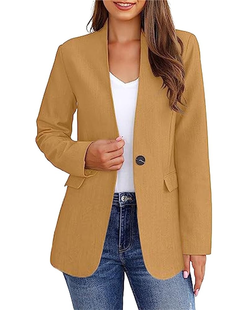 Womens Casual Blazer Lightweight Open Front Cardigan Coats Button Long Sleeve Business Work Office Loose Suit Jackets B-yello...