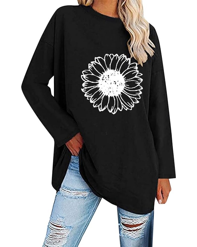 Womens Long Sleeve Tops Women Long Sleeve Oversized T Shirts Loose Sunflower Pinting Casual Crewneck Tunic Black $11.33 Tops