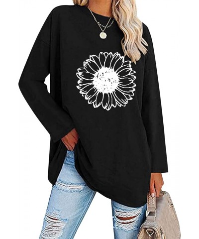 Womens Long Sleeve Tops Women Long Sleeve Oversized T Shirts Loose Sunflower Pinting Casual Crewneck Tunic Black $11.33 Tops