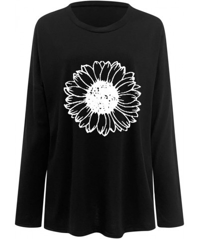 Womens Long Sleeve Tops Women Long Sleeve Oversized T Shirts Loose Sunflower Pinting Casual Crewneck Tunic Black $11.33 Tops