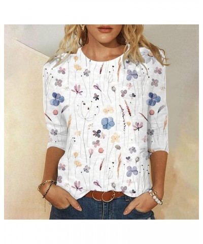 Womens Blouses and Tops Dressy, Womens Tops 3/4 Sleeve Summer Ethnic Floral Slim Crewneck Slim Fit Tshirts Spring Blouse 2-bl...