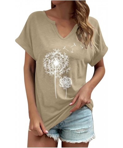 Casual Tops for women basic v nck tee short sleeve Dandelion print tshirt going out holiday blouse tops for women 2023 Khaki ...