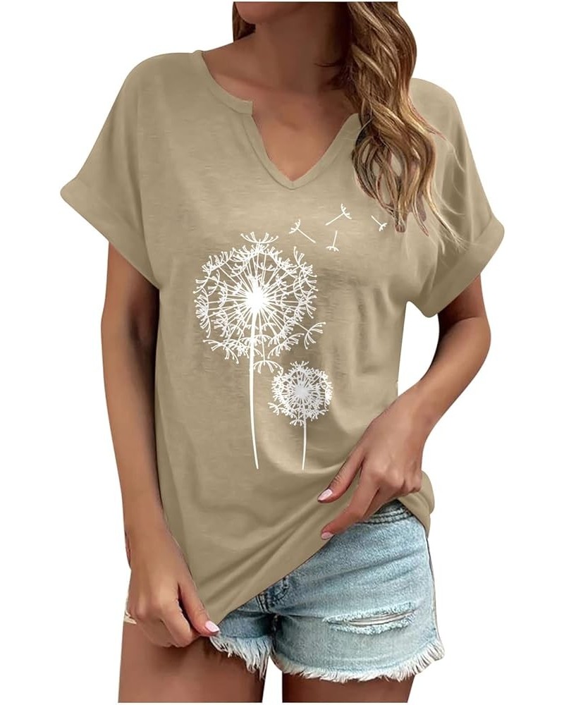 Casual Tops for women basic v nck tee short sleeve Dandelion print tshirt going out holiday blouse tops for women 2023 Khaki ...