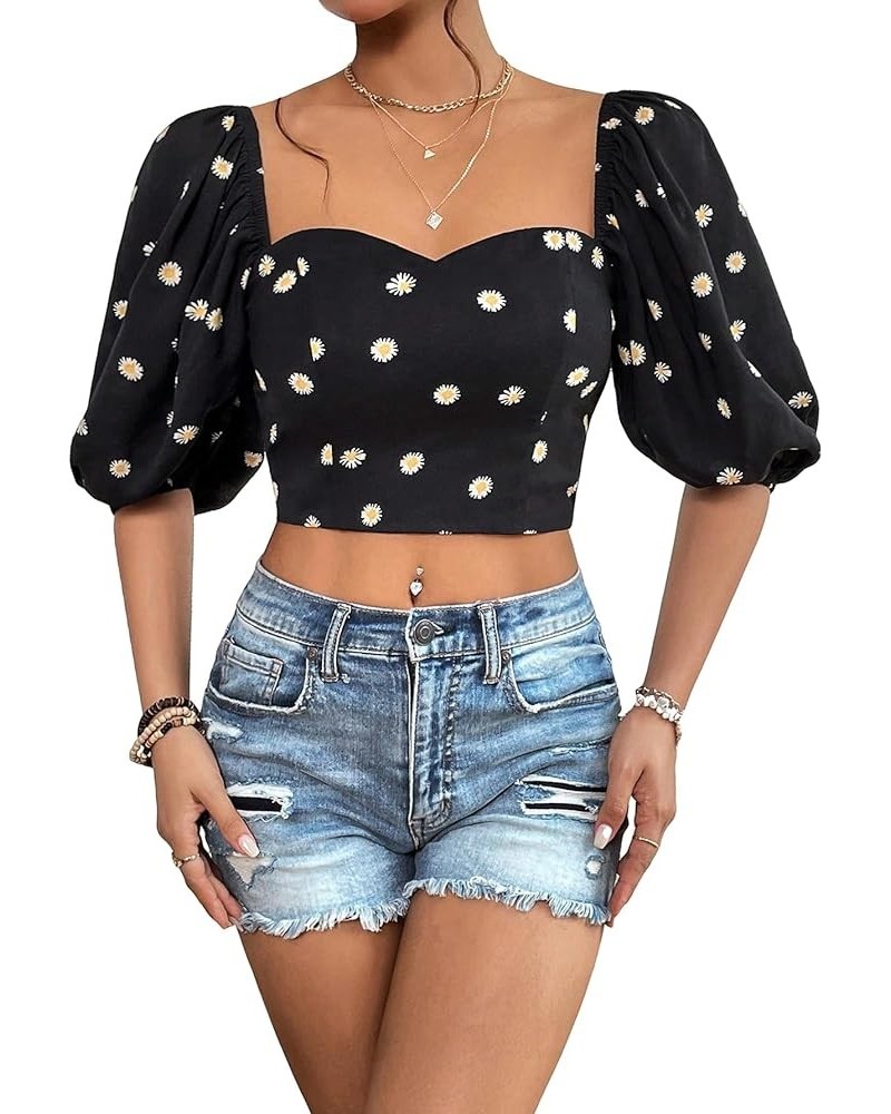 Women's Half Puff Sleeve Sweetheart Neck Shirt Casual Shirred Slim Fit Crop Blouse Top Black Floral $14.24 Blouses