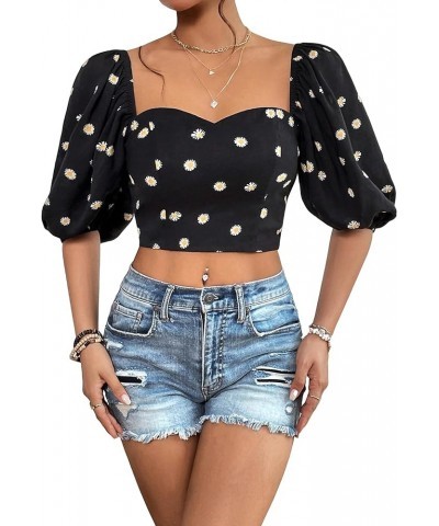 Women's Half Puff Sleeve Sweetheart Neck Shirt Casual Shirred Slim Fit Crop Blouse Top Black Floral $14.24 Blouses