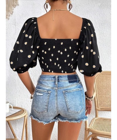 Women's Half Puff Sleeve Sweetheart Neck Shirt Casual Shirred Slim Fit Crop Blouse Top Black Floral $14.24 Blouses