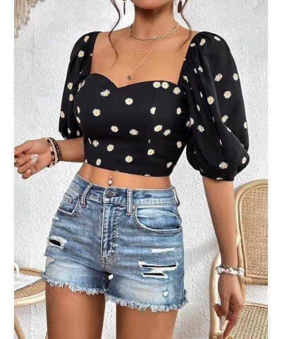 Women's Half Puff Sleeve Sweetheart Neck Shirt Casual Shirred Slim Fit Crop Blouse Top Black Floral $14.24 Blouses